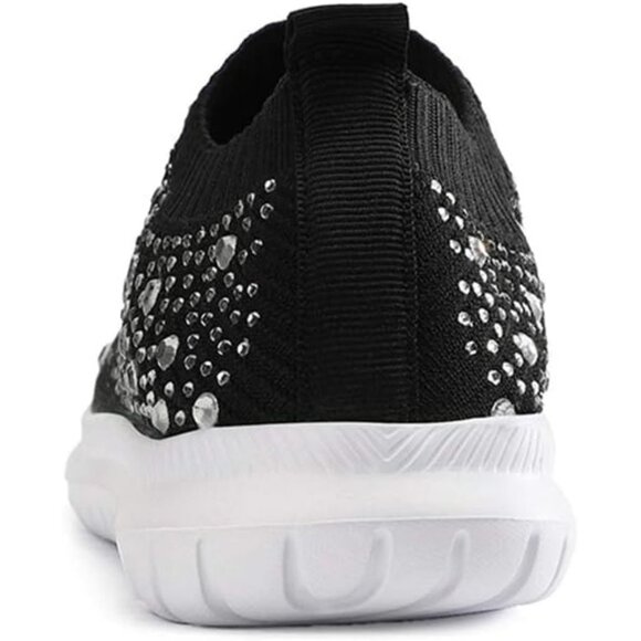 Women's Mesh Walking Shoes Rhinestone Glitter Slip On Ballroom Sneakers Black - Picture 3 of 6
